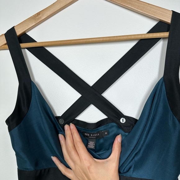 TED Baker London Teal and Black Silk Cocktail Dress Size 2 - Picture 3 of 11
